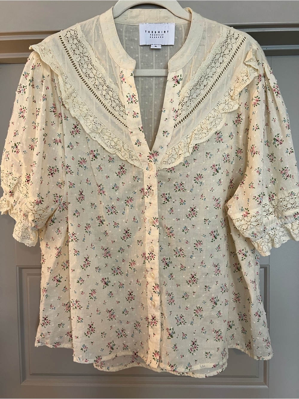 Butter Yellow Floral Lace-Trim Button Front Top